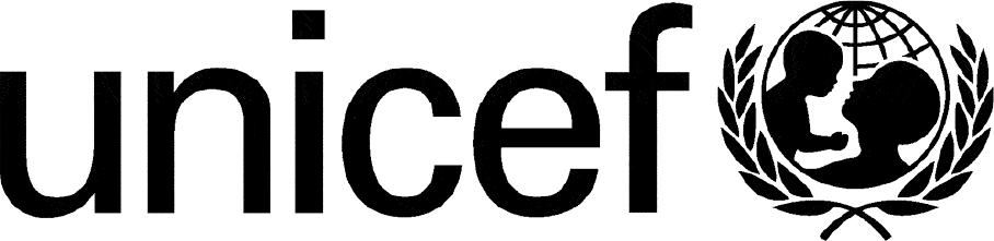 Logotipo de UNICEF: Texto negro con la silueta de un niño y su padre dentro de un globo terráqueo