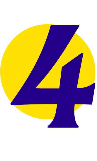 Número 4 azul en fuente estilizada sobre un círculo amarillo.