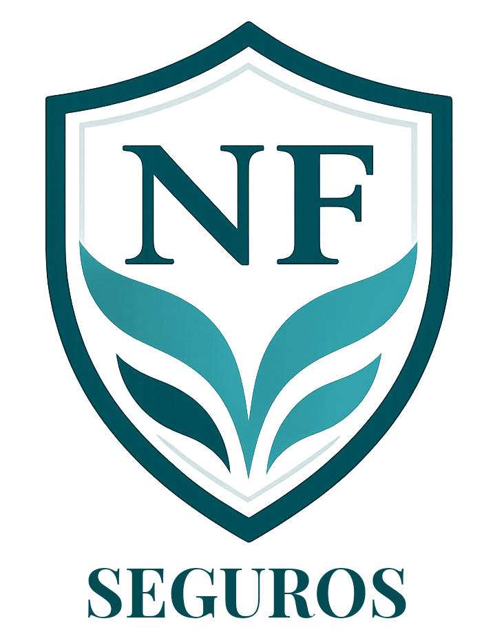Logotipo de NF Seguros con escudo y hojas de color turquesa sobre fondo blanco.