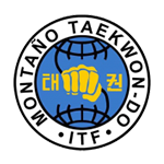 A taekwondo logo with a fist in the middle of a circle.
