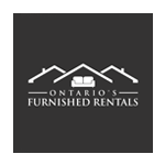 The logo for ontario 's furnished rentals shows a house with a couch on the roof.