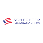 A logo for schechter immigration law with an american flag on a white background.