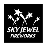 The sky jewel fireworks logo is white on a black background.