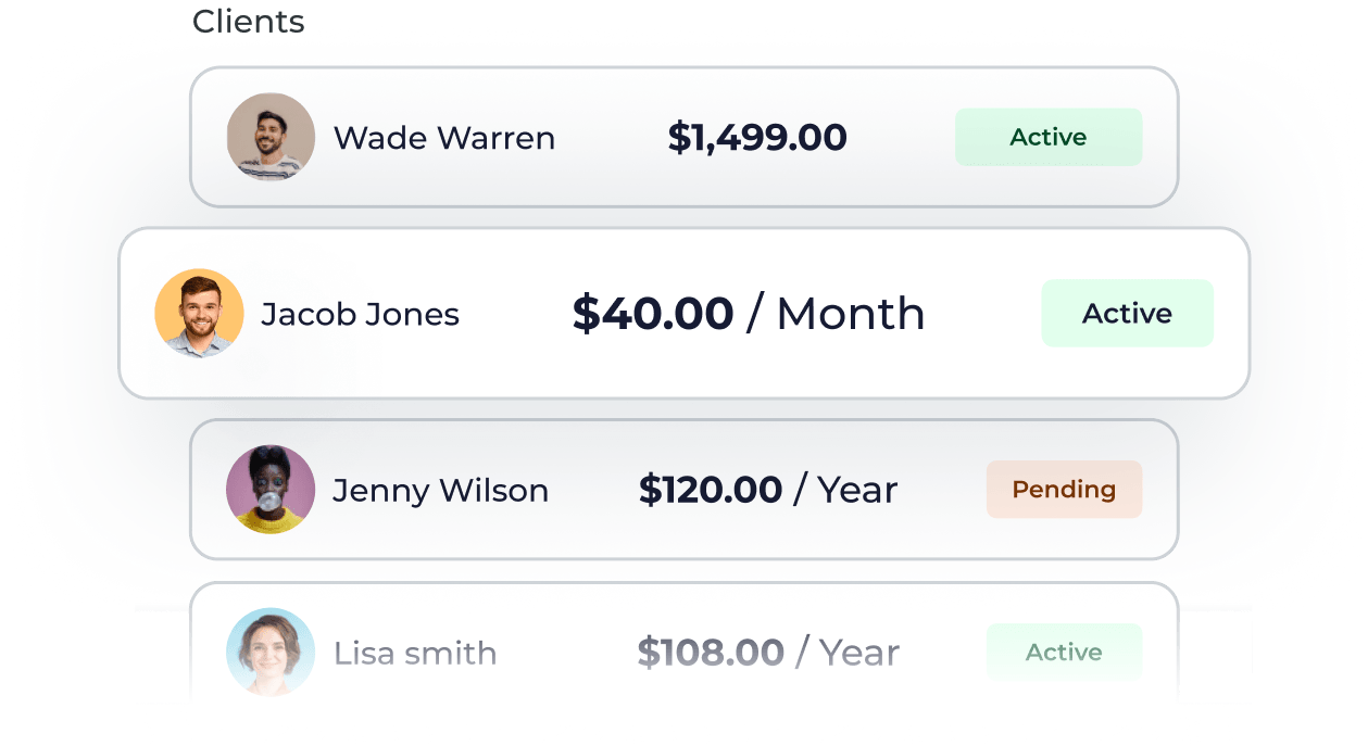 A screenshot of a website showing a list of clients and their prices.