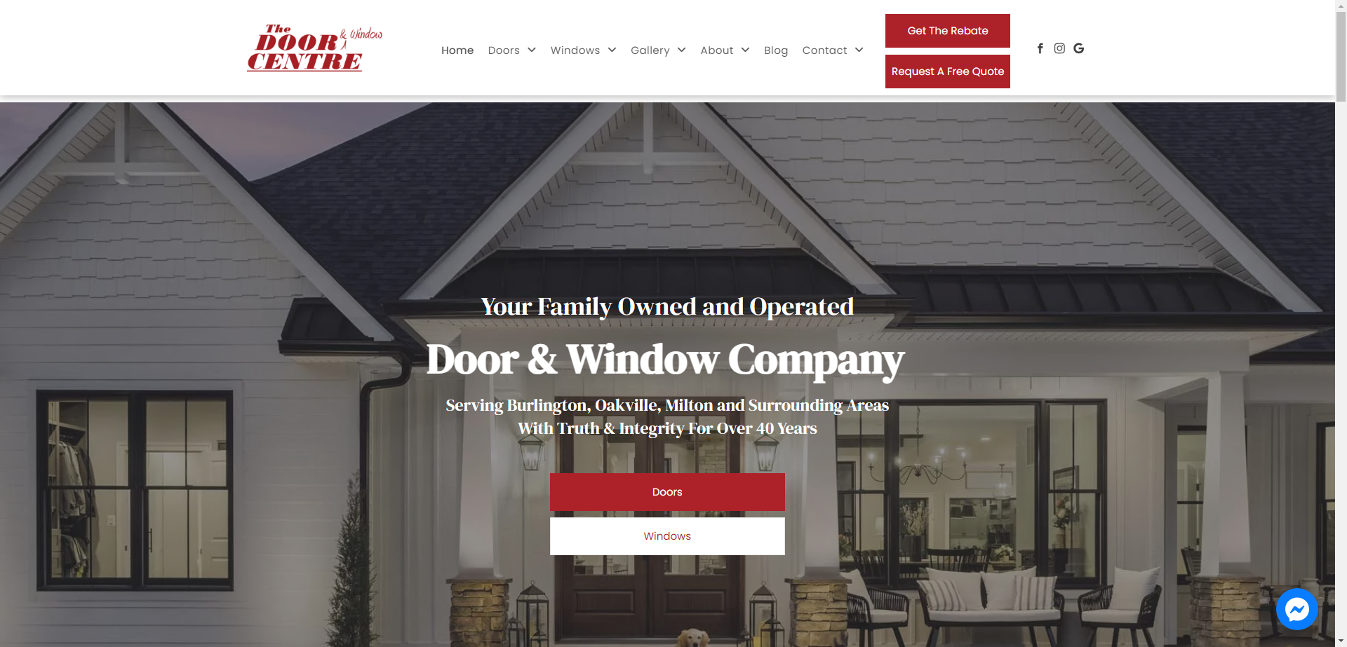 A screenshot of a website for a door and window company.