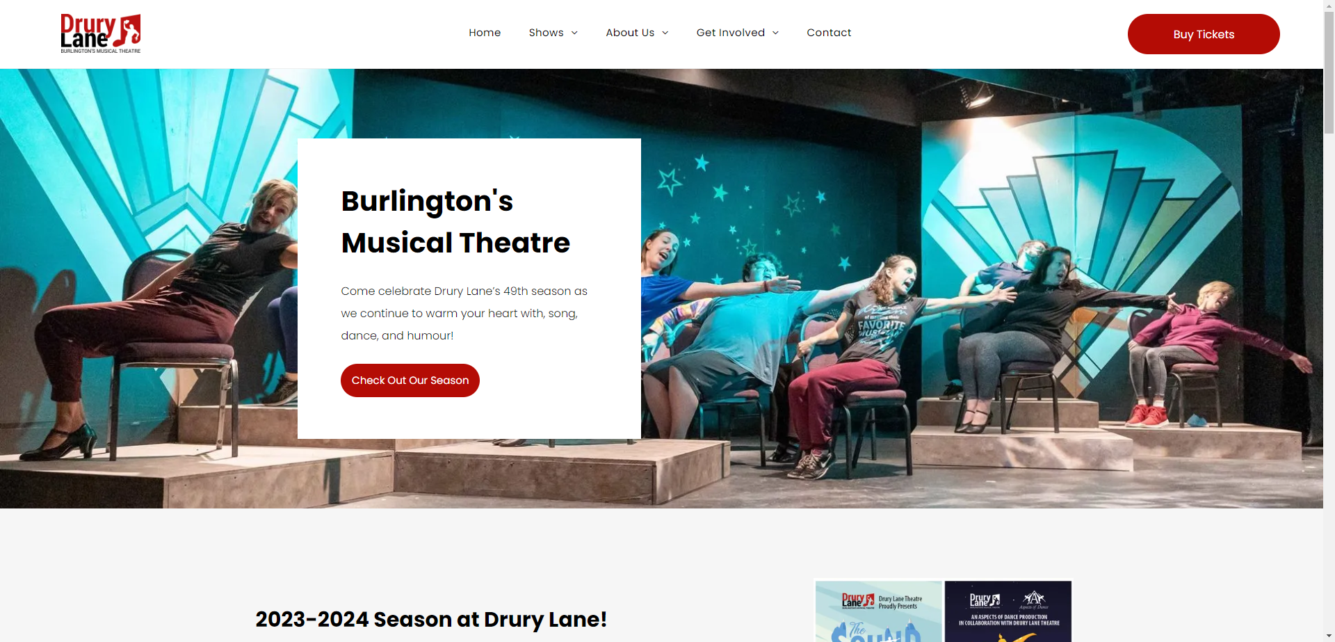 A screenshot of the website for burlington 's musical theatre.