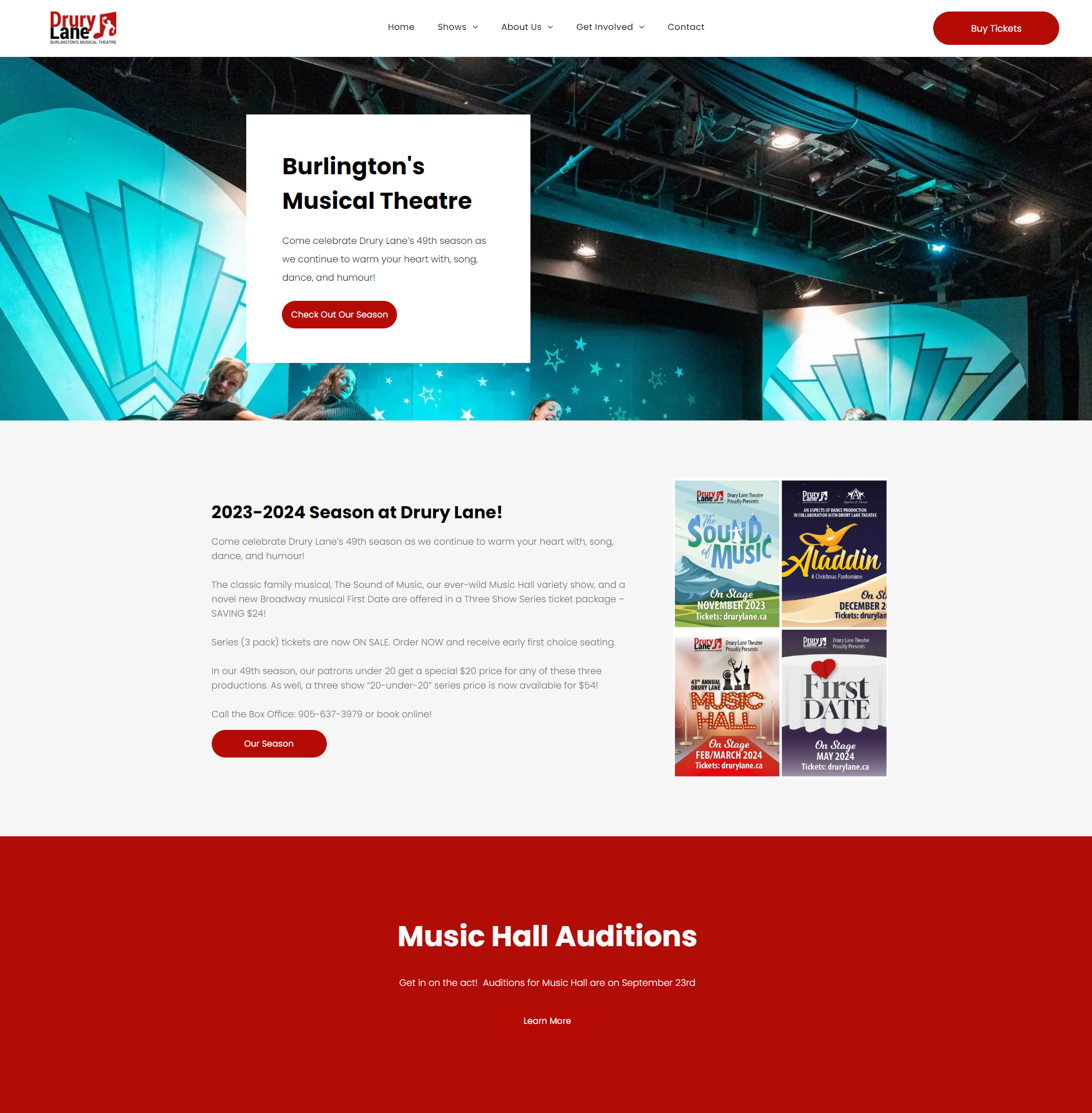 A screenshot of the website for burlington 's musical theatre.