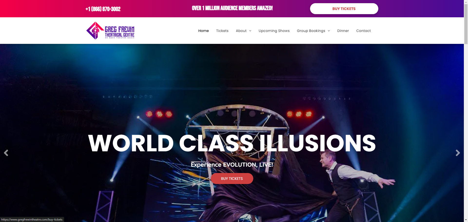 A screenshot of a website for world class illusions.