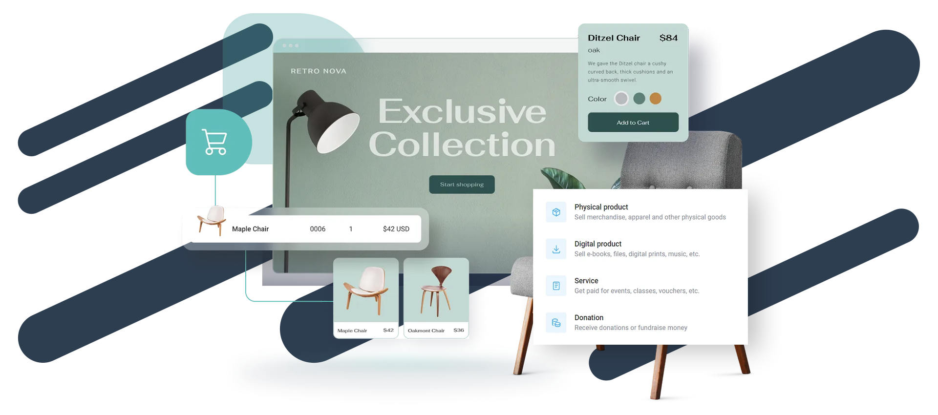 A computer screen displaying a exclusive collection of furniture.