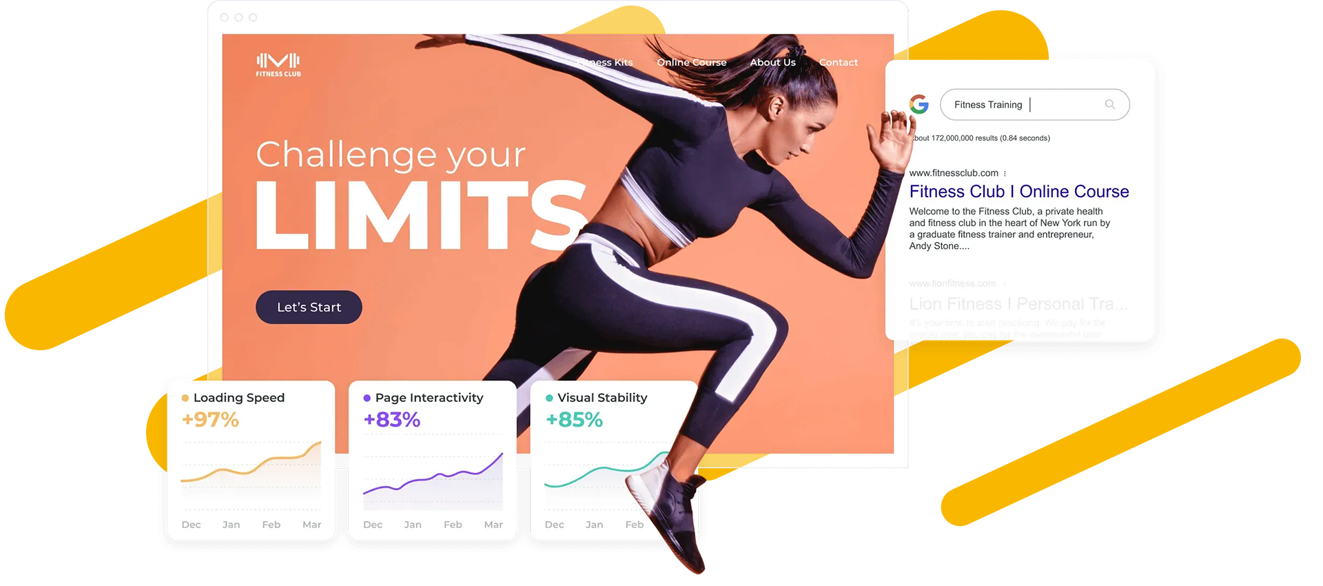 A woman is jumping in the air with the words `` challenge your limits '' behind her.