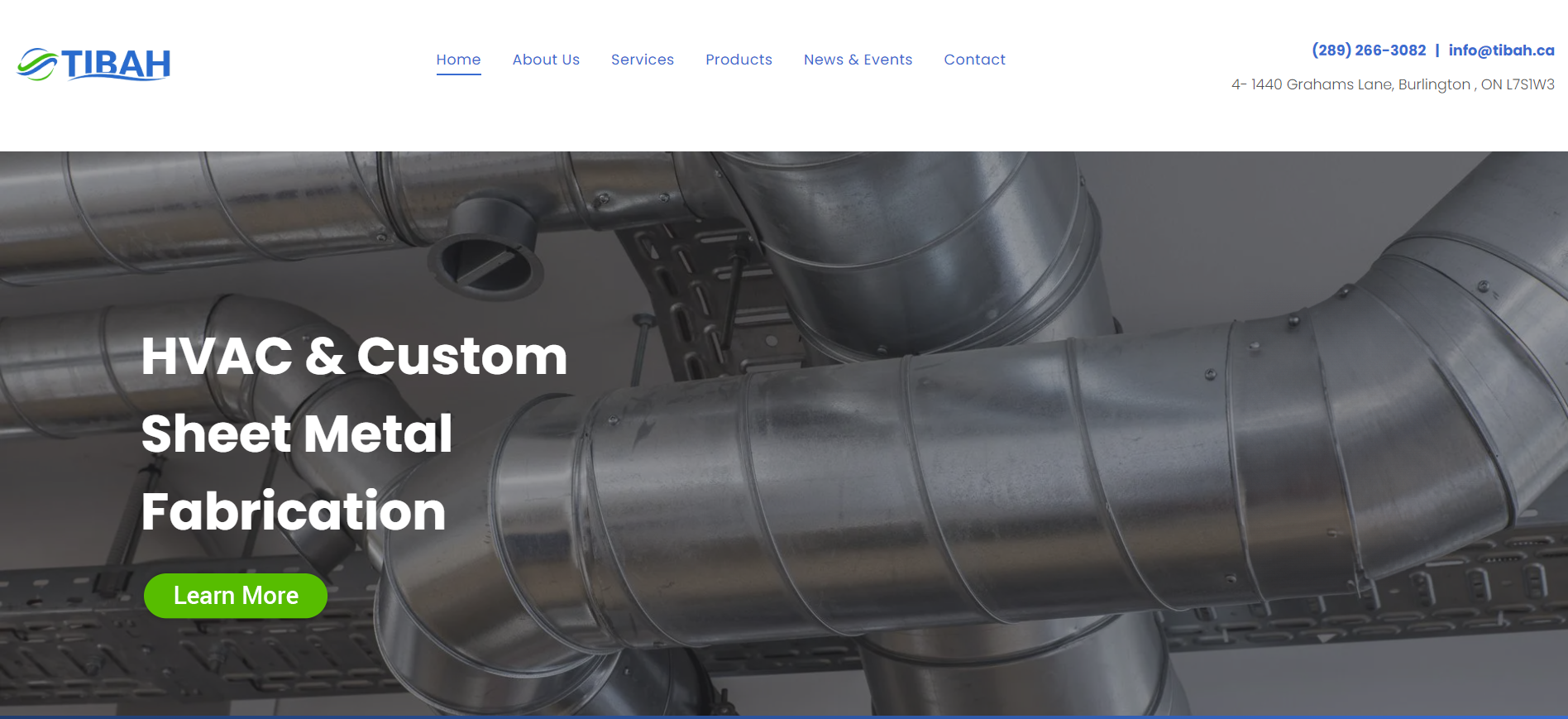 A screenshot of a website for a company that does hvac and custom sheet metal fabrication.