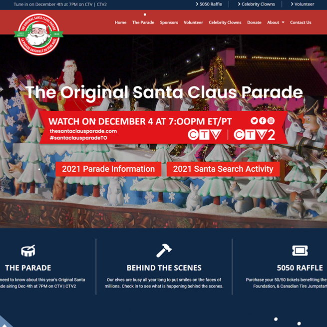 A website for the original santa claus parade is shown