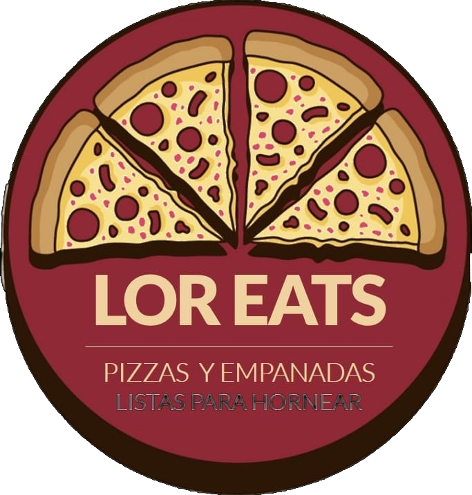 Logotipo para Lor Eats: porciones de pizza sobre un fondo granate con el texto 