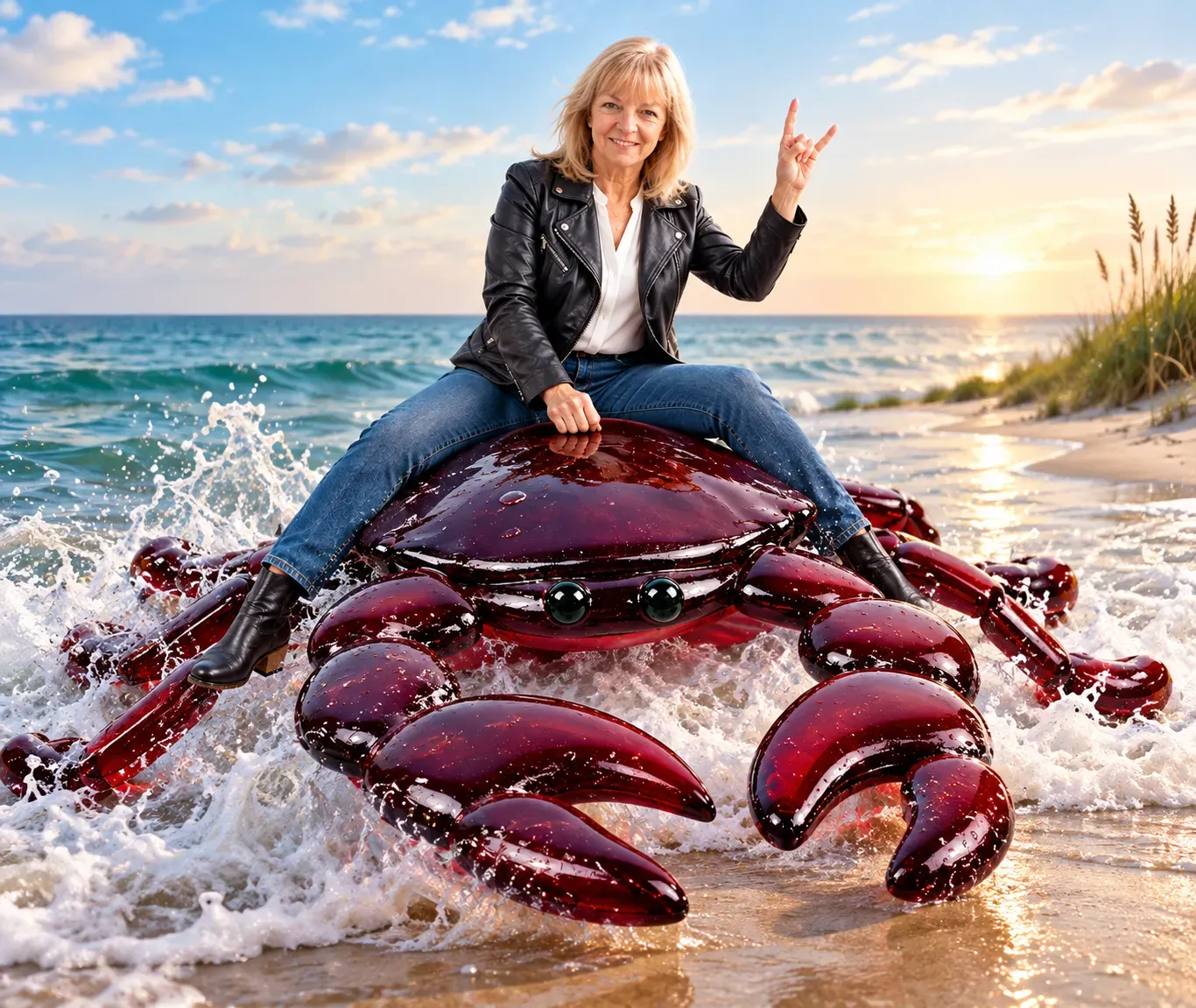 Woman riding a giant red crab on a sunny beach, splashing through shallow surf