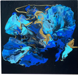 Abstract blue and gold fluid art on a black background