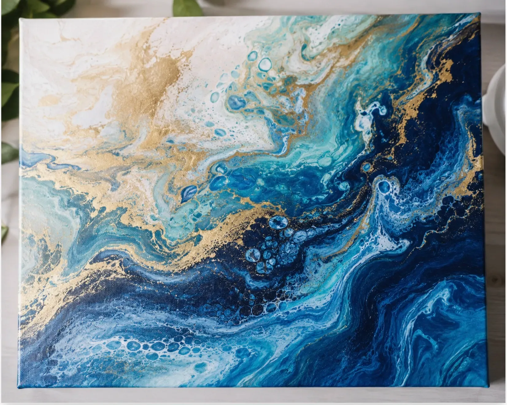 Abstract blue, gold, and white fluid-art painting with swirling marbled waves