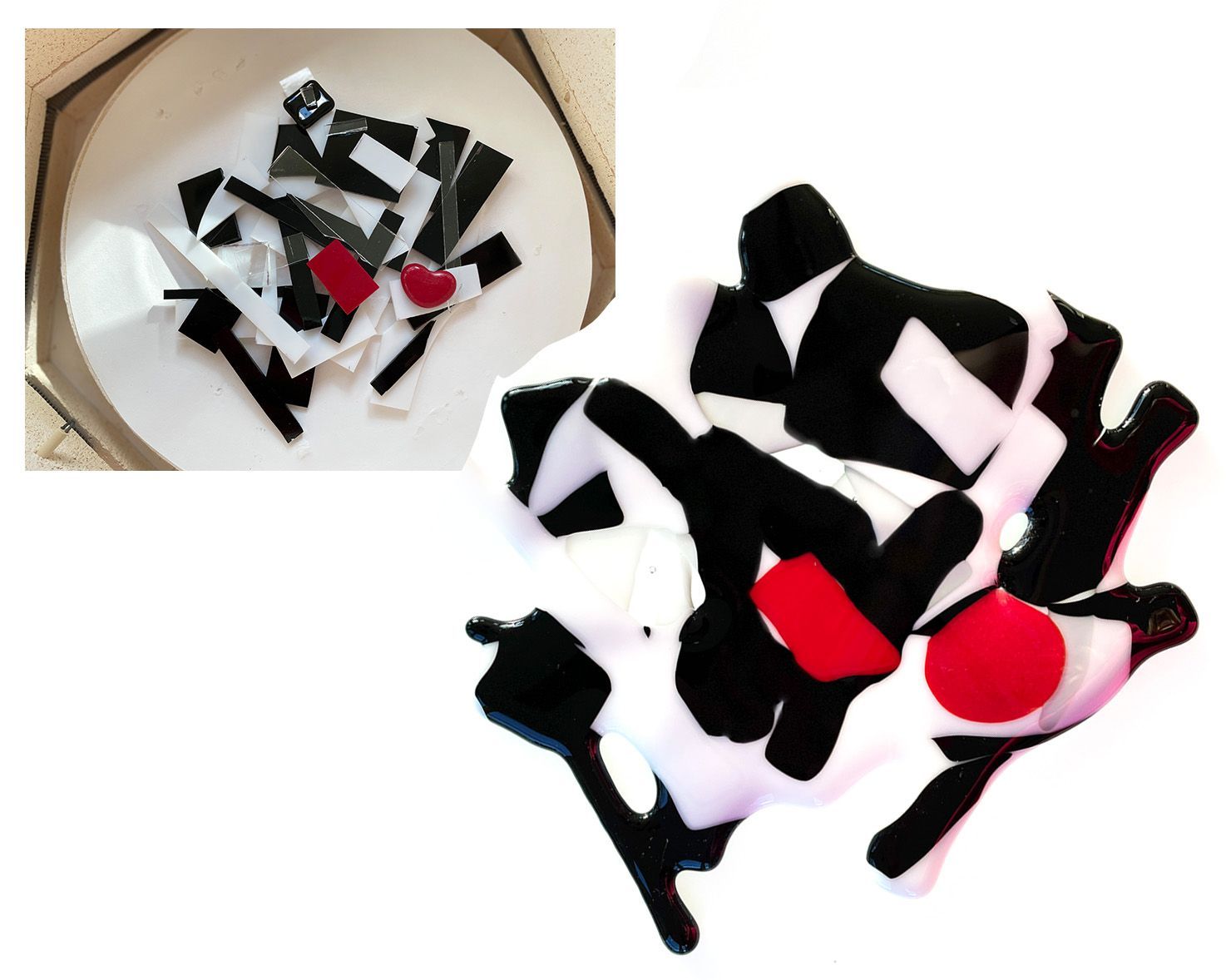 A black and white glass idesign with a red heart on it