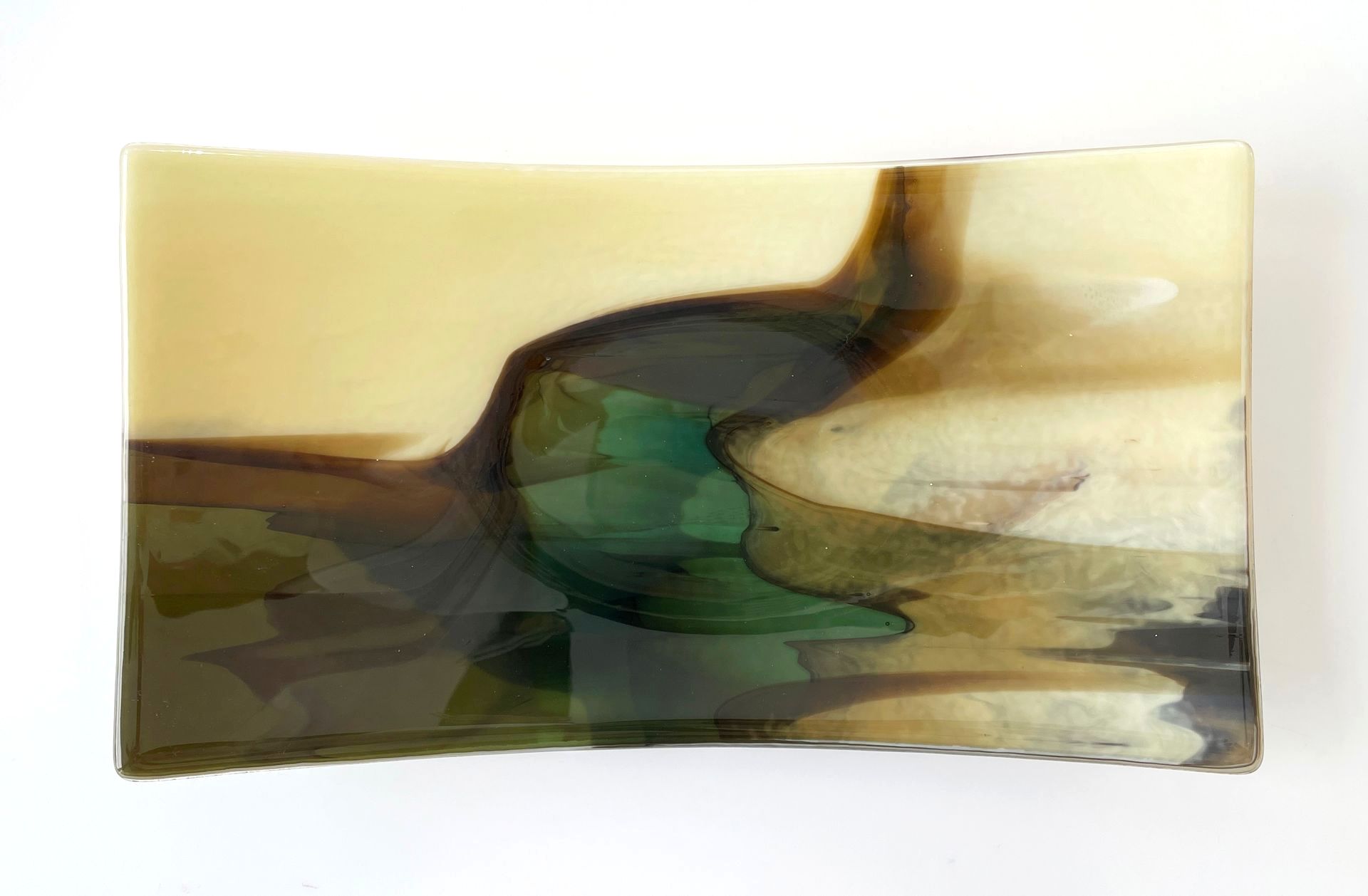 fused glass tray with vanila, browns, green abstract design