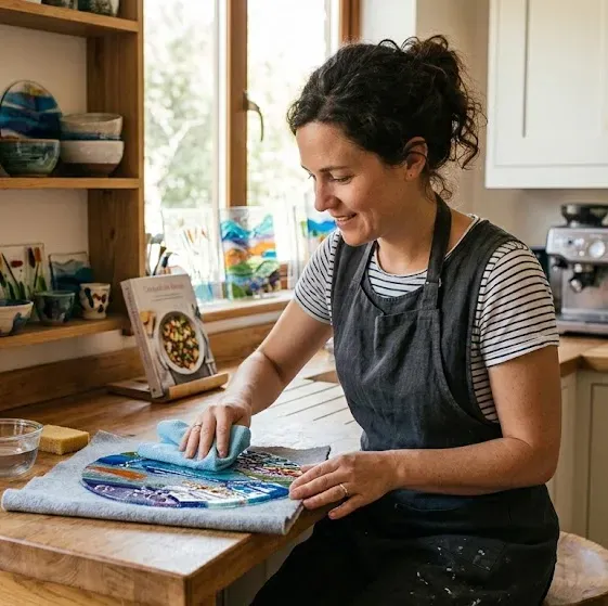 Woman working with blue cloth cleaning fused glass at a table in a sunlit craft room