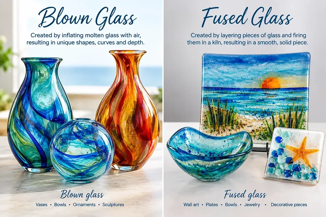 Side-by-side art: blown glass vases and fused glass seascape with fish, shells, and starfish