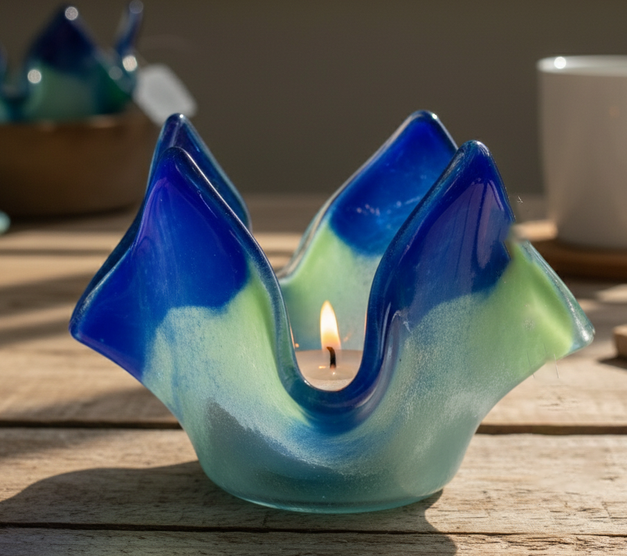 Blue and seafoam glass candle holder with a lit tealight on a wooden table