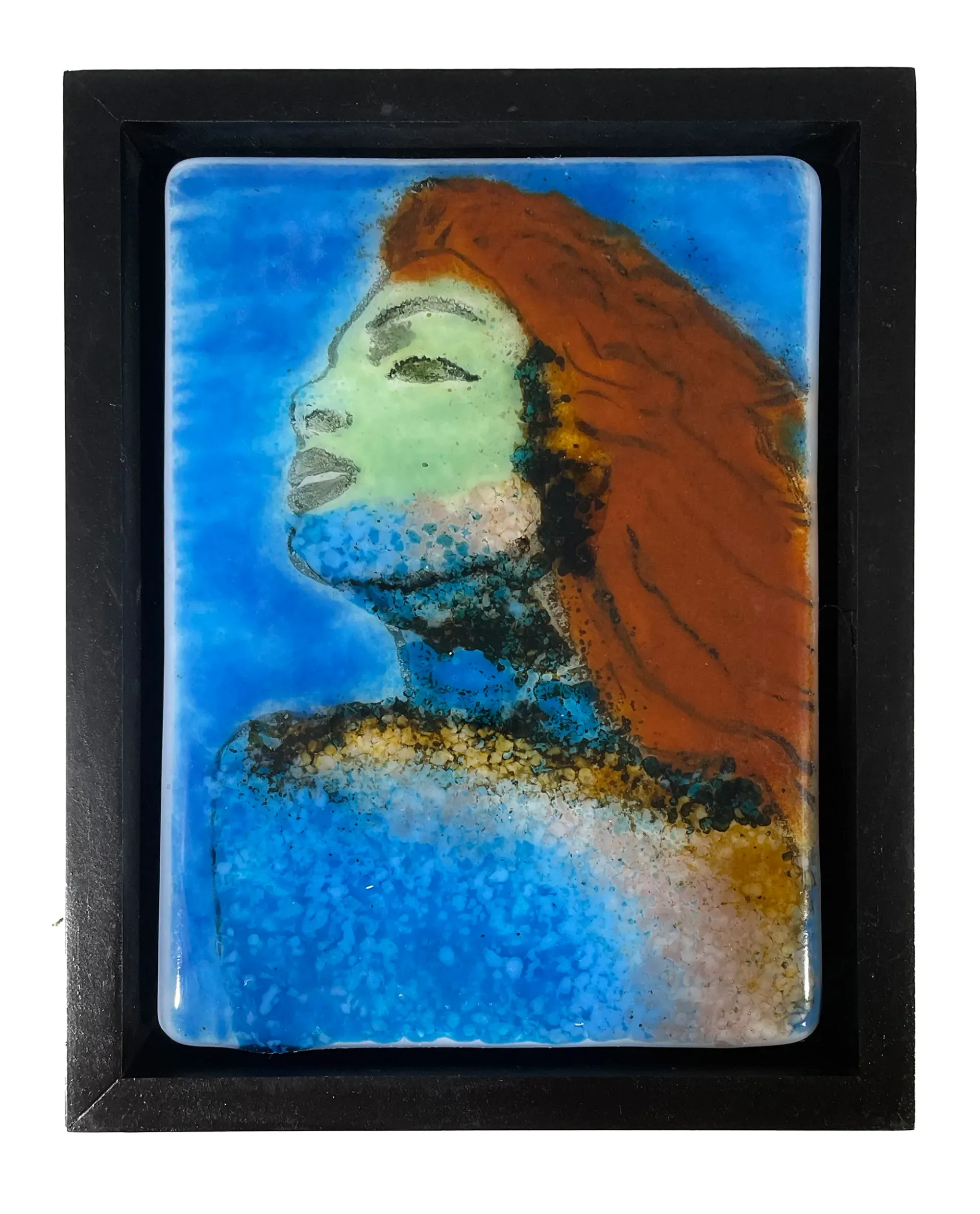 Abstract portrait of a red-haired woman in profile on a blue background, framed in black.