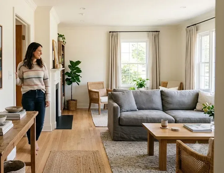 Bright living room with gray sofa, wicker chair, wood flooring, and a woman standing by the doorway.