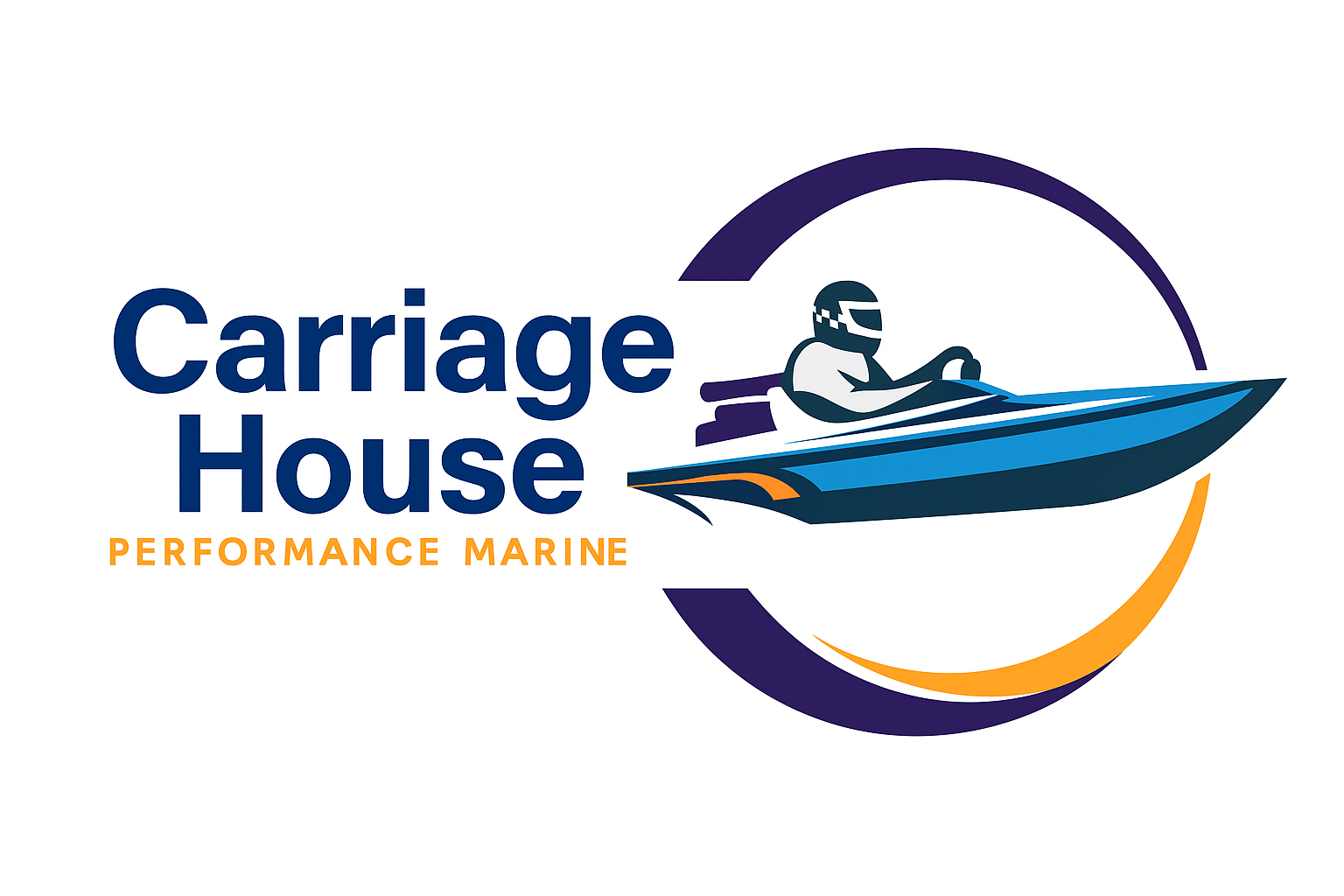 Carriage House Performance Marine logo with blue and orange boat graphic and purple arc
