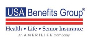 USA Benefits Group logo with blue and red text, listing health, life, and senior insurance