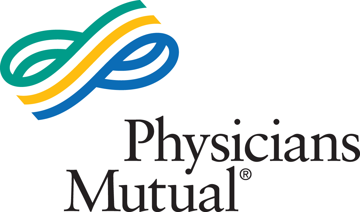 Physicians Mutual logo with teal, yellow, and blue interlocking ribbon icon and black text
