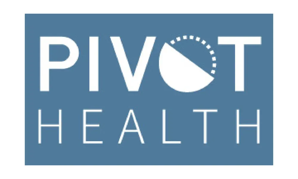 Pivot Health logo in white text on a blue background with a stylized white pie chart icon.