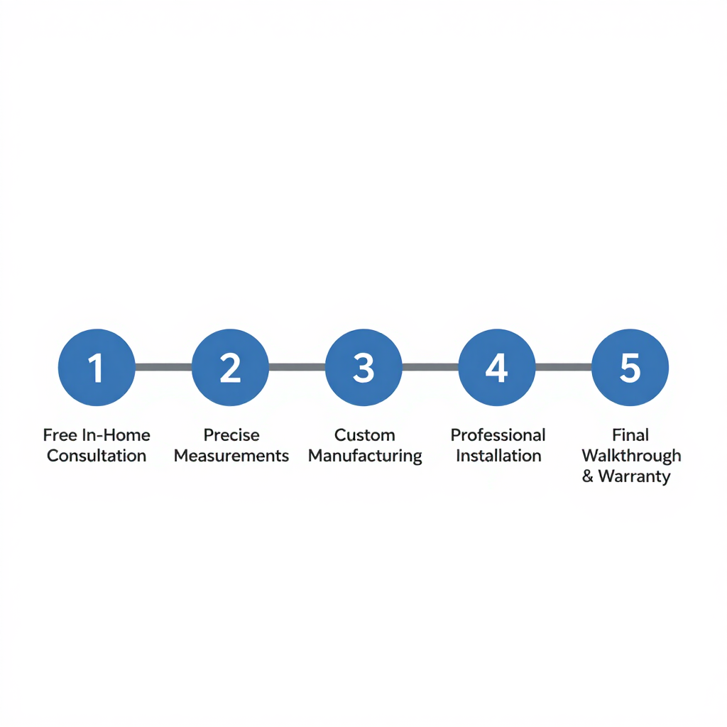 Five blue numbered steps in a process: Free In-Home Consultation, Precise Measurements, Custom Manufacturing, Professional Installation, Final Walkthrough & Warranty