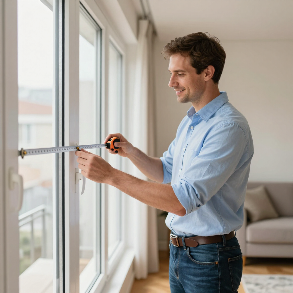 Man measuring a window frame with a tape measure in a bright room