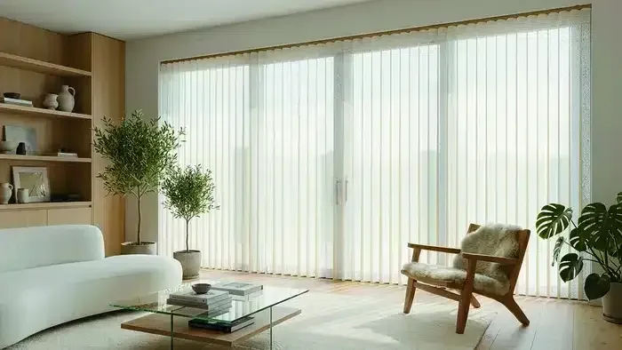 Bright modern living room with sheer curtains, white sofa, plants, and a wooden chair by a sunlit window