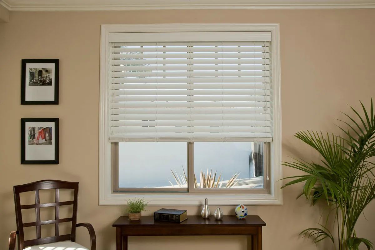 A window with white horizontal blinds, flanked by two framed wall photos, a dark wood chair, and a potted palm tree.