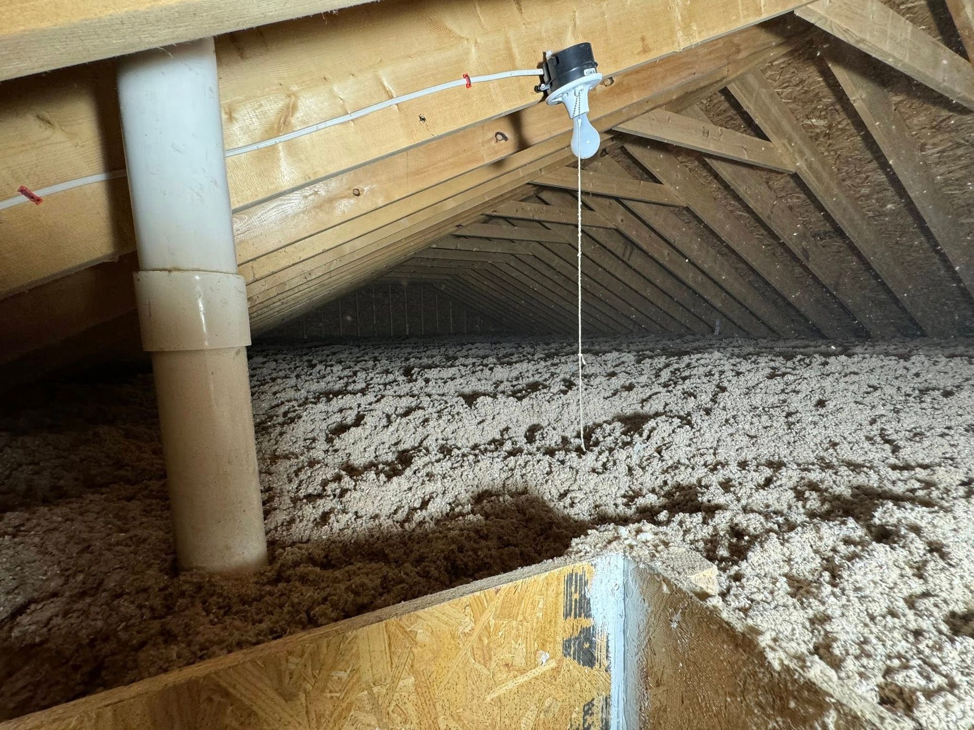 Attic filled with insulation, showing exposed rafters and a hanging light fixture