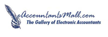 Logo for eAccountantsMall.com with a hand holding a feather pen, and text "The Gallery of Electronic Accountants".