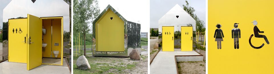 En collage af tre billeder af et gult toilet med et handicapskilt