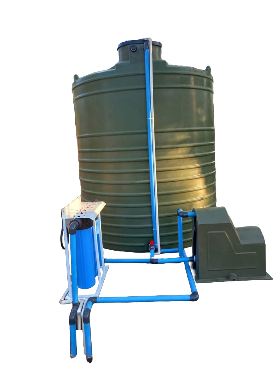 A green water tank with blue pipes attached to it.