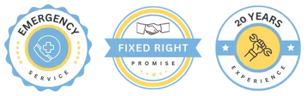 Three circular badges: emergency service, fixed right promise, and 20 years experience.