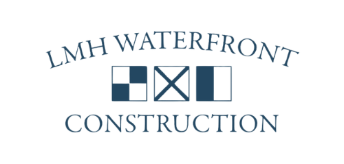 A logo for lmh waterfront construction on a blue background