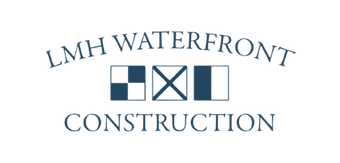 A logo for lmh waterfront construction on a blue background