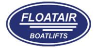 A blue and white logo for floatair boatlifts.