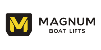 The logo for magnum boat lifts is black and yellow.