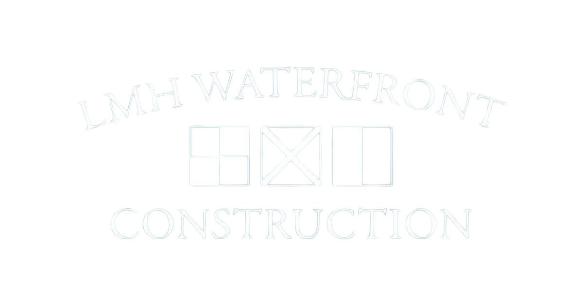 The logo for lmh waterfront construction is blue and white