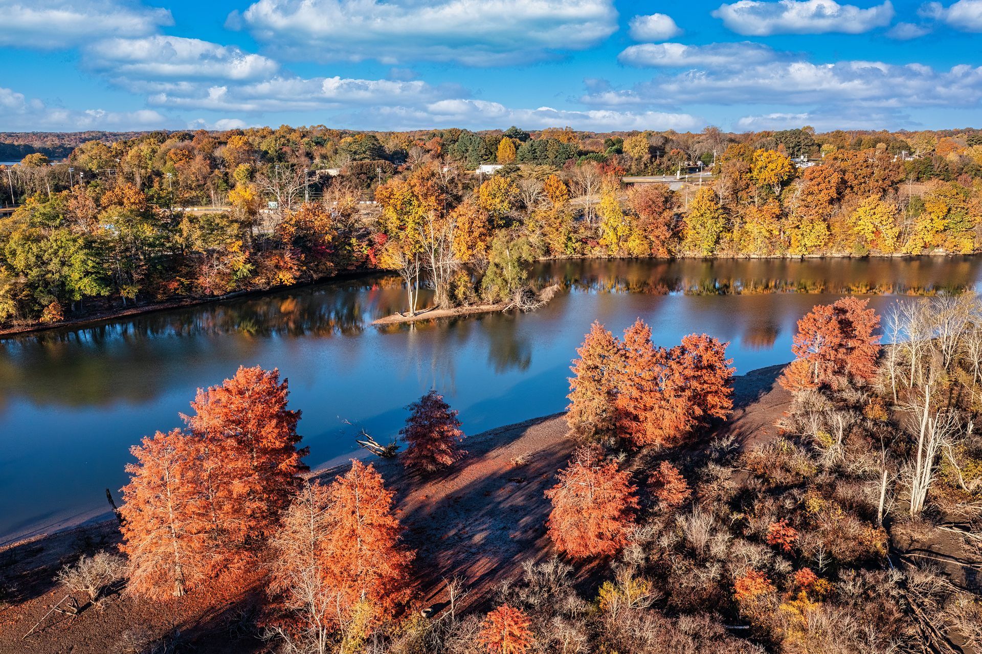 An aerial view of a lake surrounded by trees on a sunny day.