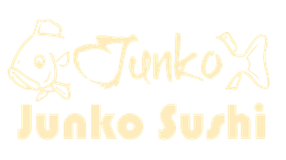 Light yellow Junko Sushi logo with a fish and sushi icon and bold text on a white background