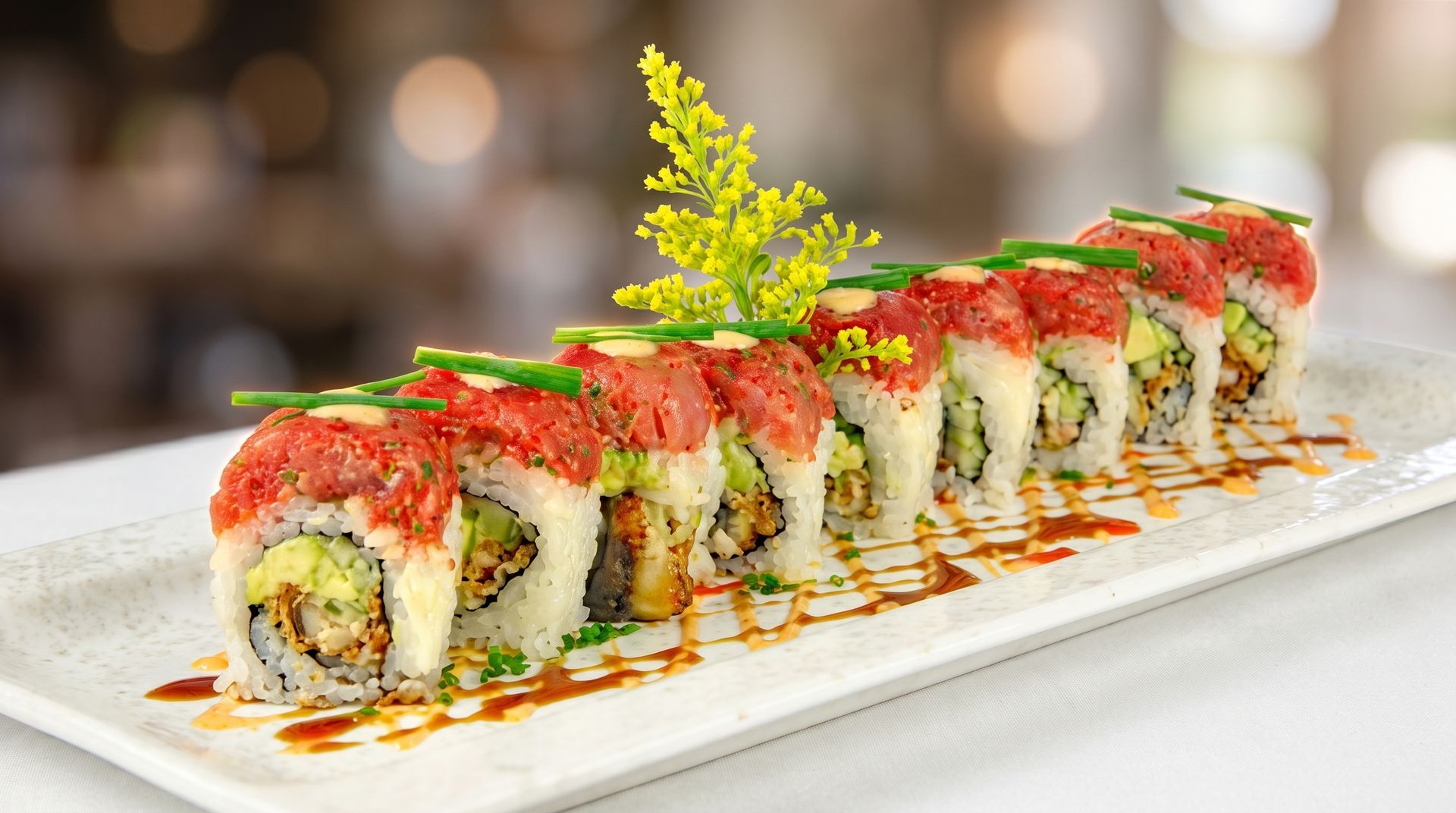 Sushi rolls topped with red sauce and herbs, served on a white rectangular plate with garnish.