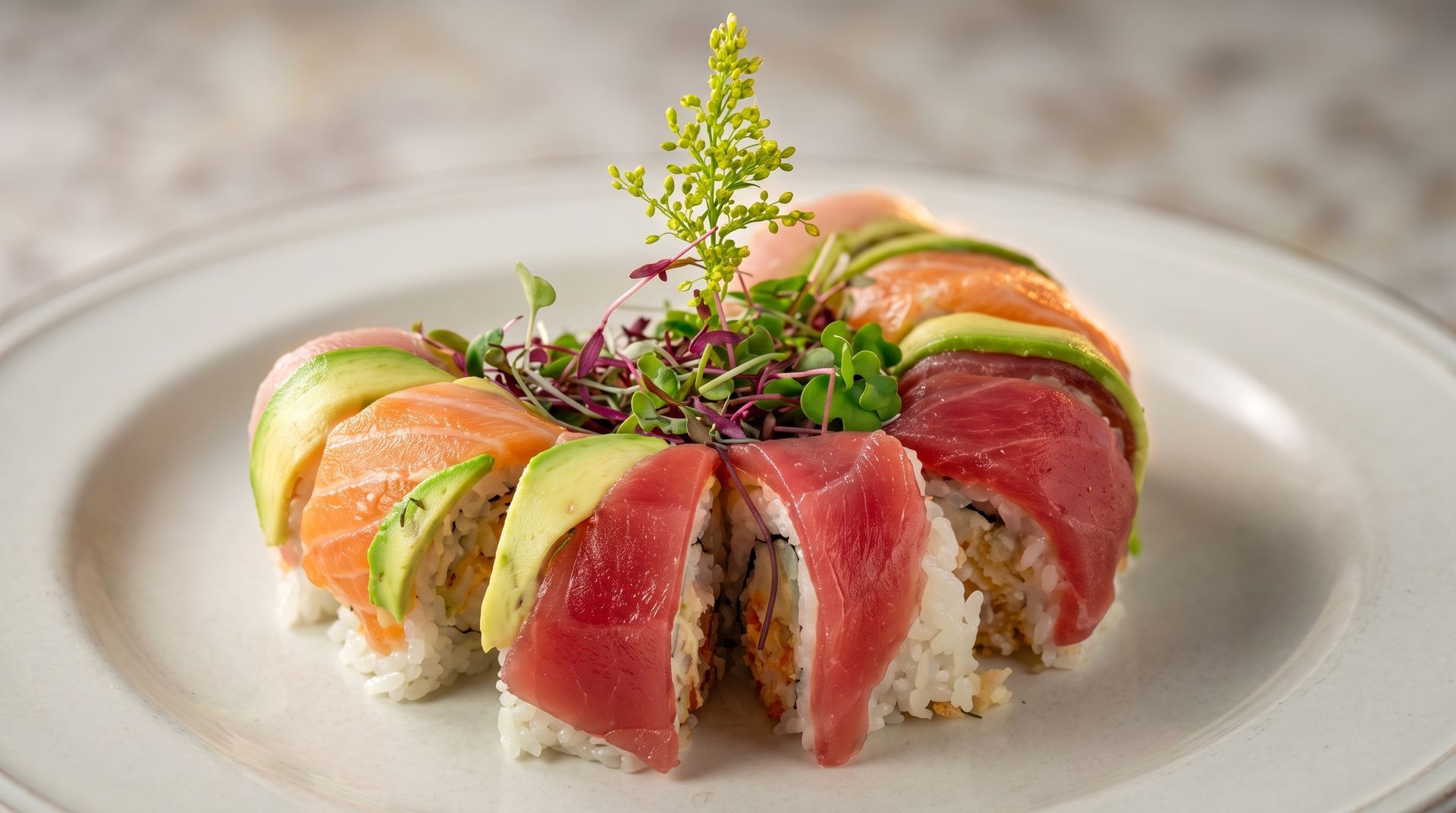 Sliced sushi rolls arranged in a circle on a white plate, topped with avocado, salmon, and greens