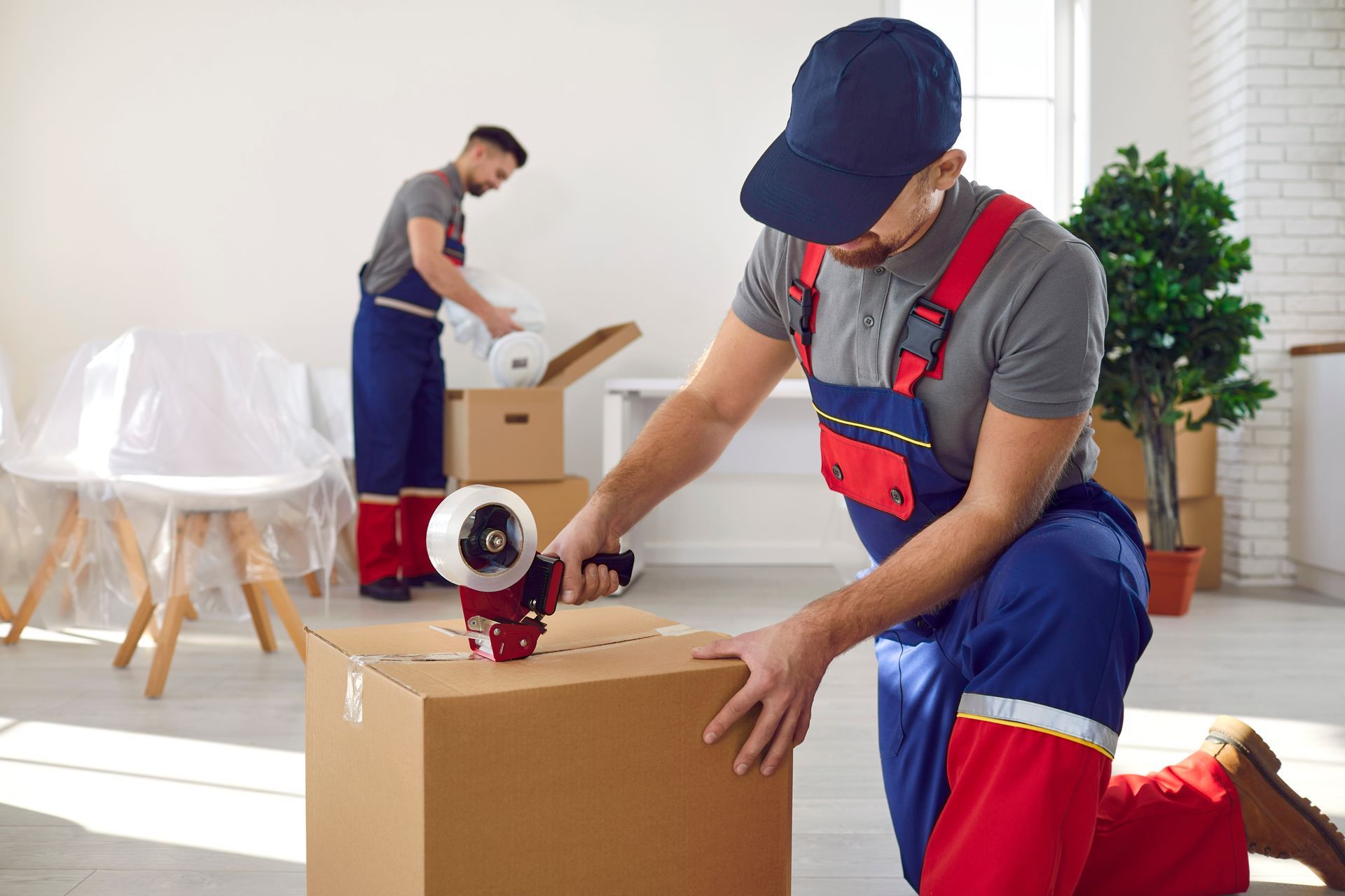 Two men are packing boxes in a living room.